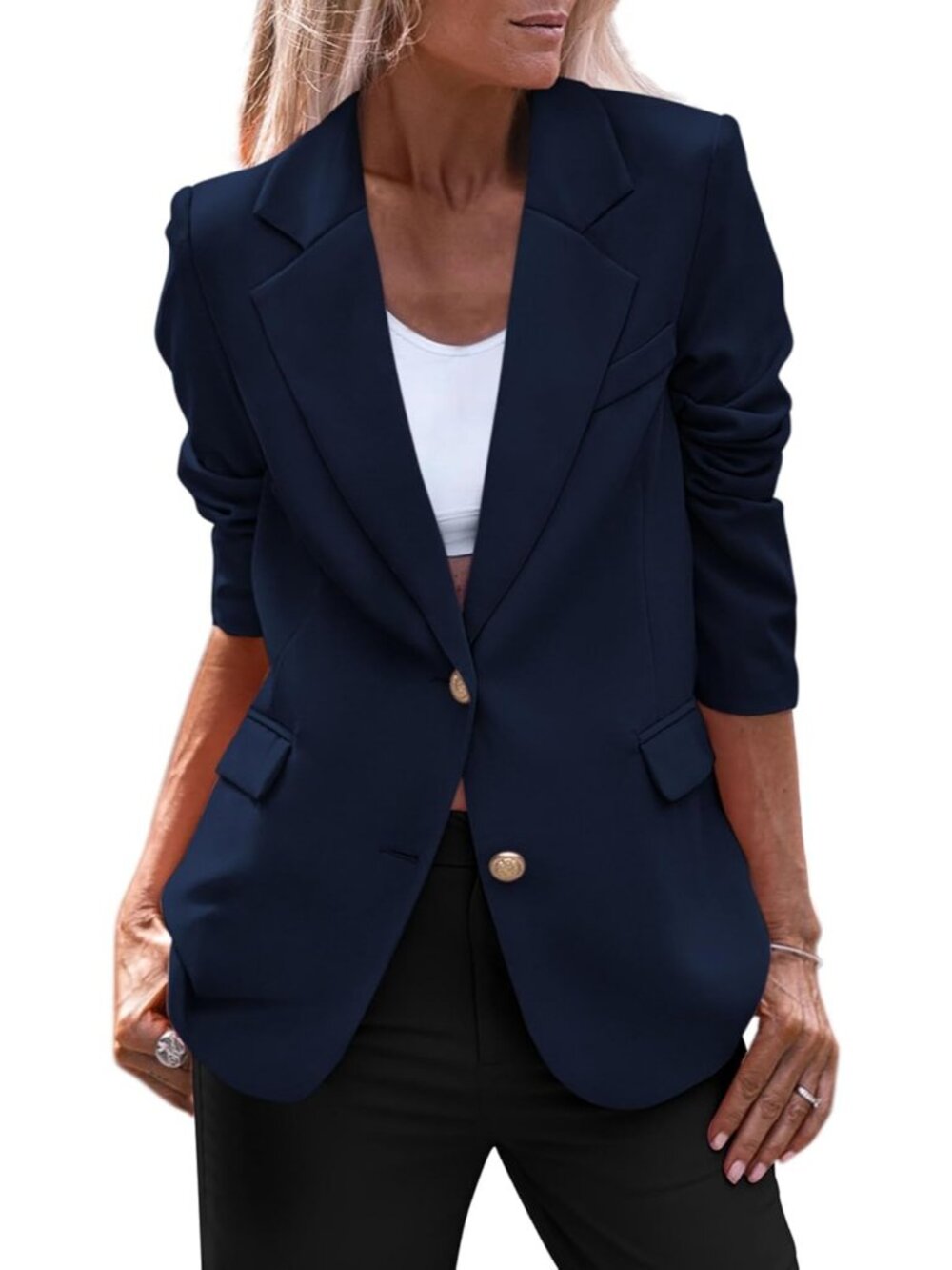 Women's Navy Fall Business Casual Blazers Long Sleeve Notch Lapel Trendy Work